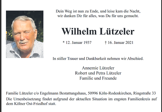 Todesanzeige Willi Lützeler